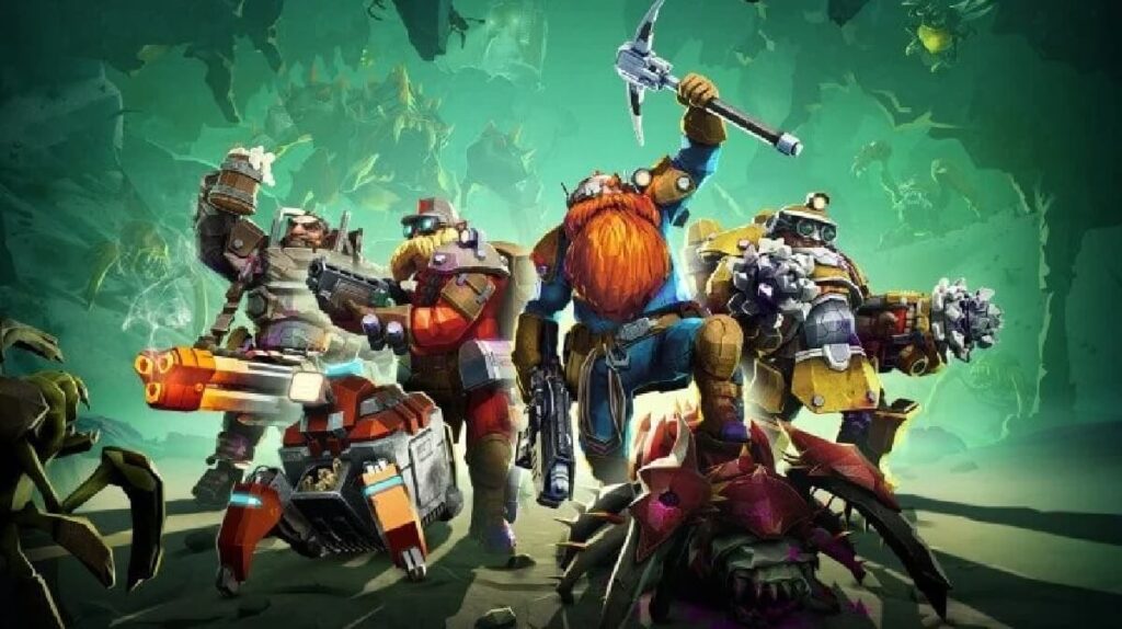 Alguns personagens e robôs do jogo Deep Rock Galactic.